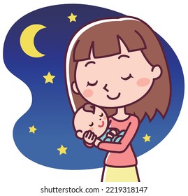 A mother who holds a baby sleeping soundly in the middle of the night