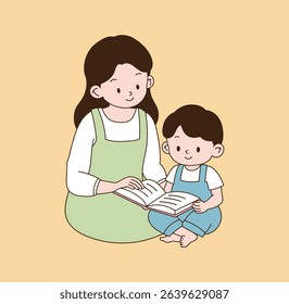 A mother who reads a book with her child. minimal line illustration.