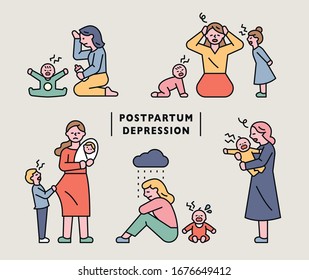 A mother who is struggling with parenting. postpartum depression. flat design style minimal vector illustration.