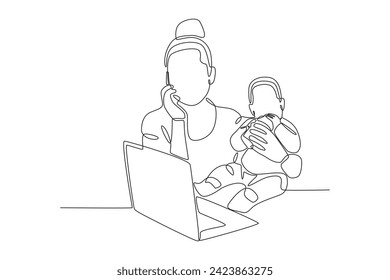 A mother who is working while raising children. Working mom one-line drawing