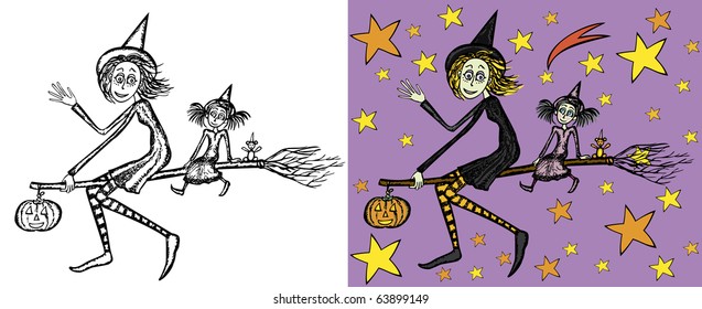 Mother witch and daughter witch flying on the broom. Colored version, black and white version and sky background are on different layers.