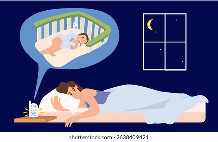 The mother woke up in the middle of the night because of the baby's crying, which she heard through the baby monitor.