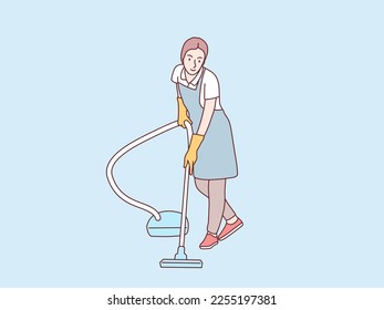 Mother woman with apron and gloves cleaning floor vacum cleaner simple korean style illustration