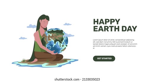 Mother woman female character with green hair holding and hugging earth globe planet for prevent concept for happy earth or environmental day