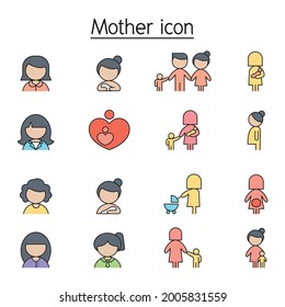 Mother and Woman icon set filled outline style