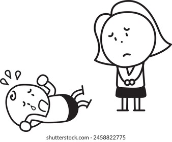 A mother, woman makes a sad face in front of a crying child