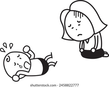 A mother, woman makes a sad face in front of a crying child