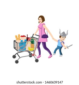 Mother woman rolls the cart with food and holds the child hand thats playing a Viking. Vector graphic design element. eps 10