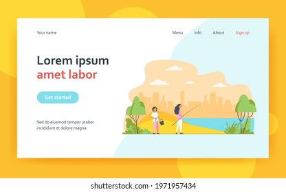 Mother woman and son kid family fishing with rod at river. Fisherman boy holding bucket and fish flat vector illustration. Summer leisure activity concept for website design or landing web page