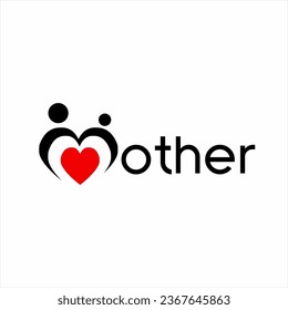 Mother word logo design with illustration of mother, child and heart symbol on the letter M. Suitable for use as a poster element, banner on Mother's Day commemoration.