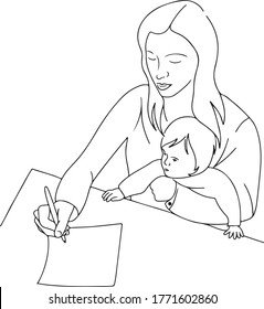 mother work at home with baby, child. picture for web or print. for website. mom with kid, line art style