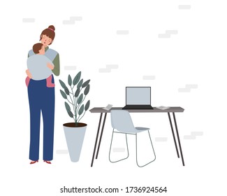 Mother work from home holding her child. modern flat cartoon design vector illustration.