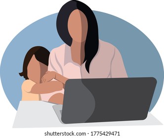 mother work at home with laptop and baby child hug. picture for web or print. for website. mom with kid