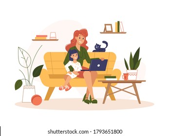 Mother work home with laptop, freelance online office, remote internet work, vector flat illustration. Woman at home online work sitting with computer and child on knees, freelancer or social