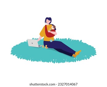 Mother work from home wireless communication distance job with take care little baby sweet cute adorable