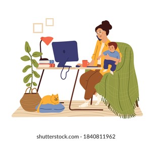 Mother Work From Home. Working Mom, Happy Busy Freelancer Holding Baby. Flat Woman Sitting Computer Desk Talk Phone Swanky Vector Concept