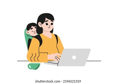 Mother work from home. Working mom, happy busy freelancer holding baby. Woman sitting computer desk talk phone swanky. Flat vector illustration isolated on white background