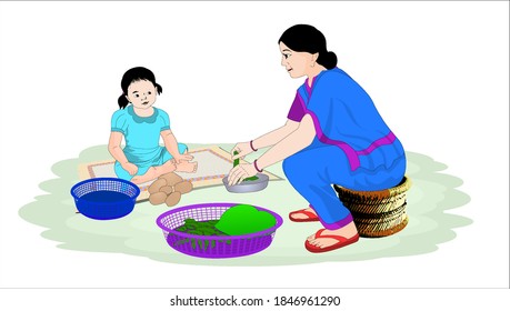 The mother is working and the daughter is sitting next to her watching- illustration