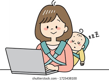 Mother working from home with baby