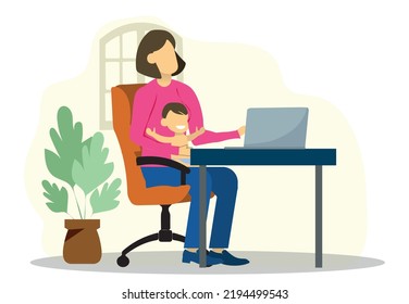 Mother working from home. Working mother holding baby in her arms, using computer at her workplace. Online work concept.