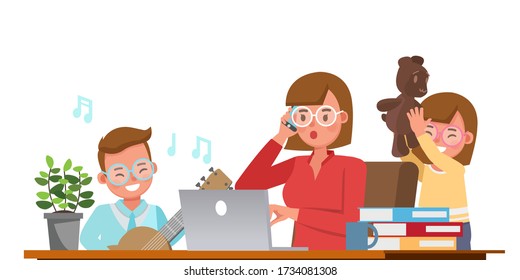 Mother working from home with kids character vector design. Social distancing and self-isolation concept.