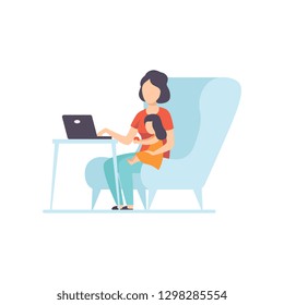 Mother Working at Home on Laptop Computer, Her Daughter Sitting Next to Her, Freelancer, Parent Working with Child, Mommy Businesswoman Vector Illustration