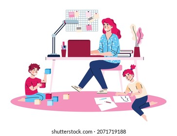 Mother working at home. Young woman sitting at desk with computer near with playing children. Freelance, business, remote work, parenthood and care children. Vector illustration.