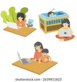 mother working with laptop while taking care of child, illustration of working from home concept