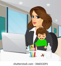 mother working on laptop in cafe while holding crying baby boy