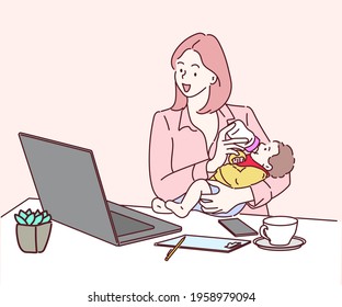 Mother working on laptop holds newborn son. Concept of Busy business. Hand drawn in thin line style, vector illustrations.