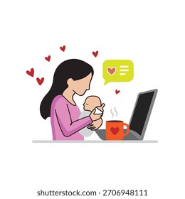 Mother Working Remotely While Holding Baby, Love and Multitasking Concept
