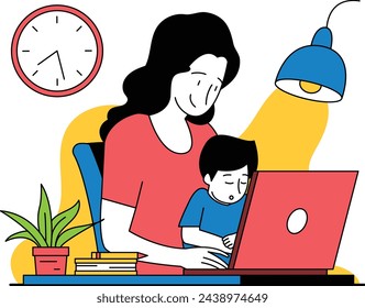 Mother is working while looking after the child