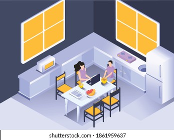 Mother working while son eating salad around kitchen table isometric vector flat design 3d