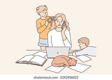 Mother works as freelancer at home and sits with children suffering from lack of workspace and inability to concentrate. Little kids near freelancer woman making phone call and using laptop for work