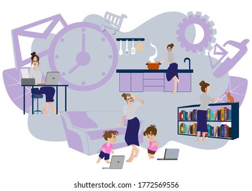 Mother works from home, cooking, cleaning and playing with a cat. Children make noise and disturb a woman at work. home school  isolated on background vector illustration