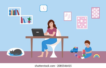 Mother works at home remotely with laptop. Baby toddler playing with toys on floor. Young woman working and sitting at table. Cat sleeping. Home interior. Vector flat illustration.