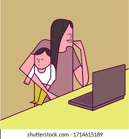 The mother works from home, taking care of the baby