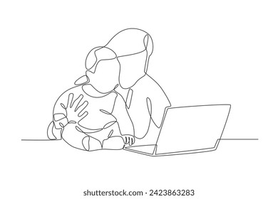 A mother works to raise her child. Working mom one-line drawing