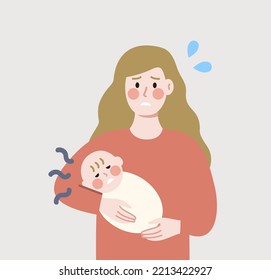 Mother worried about sick newborn child. Woman taking care of baby. Motherhood, family, parenting, childbirth, parenthood concepts. Flat cartoon people design vector isolated illustration.