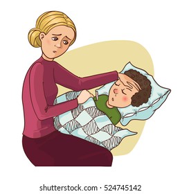 Mother worries about her ill son who stays in bed, vector image, eps10