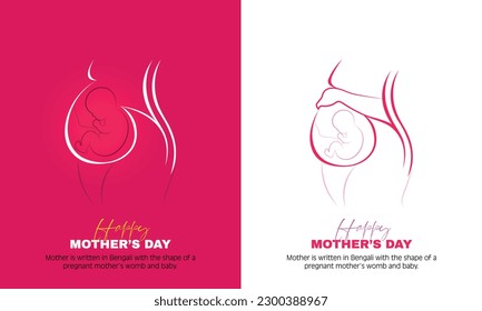 Mother is written in Bengali Typography, Calligraphy with the shape of a pregnant mother's womb and baby. Pregnancy Mother Baby Symbol. One Line Style Pregnant Woman. Happy Mother's Day. Vector art.