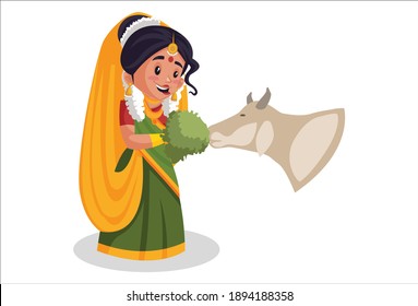 Mother Yashoda is feeding grass to cow. Vector graphic illustration. Individually on a white background.