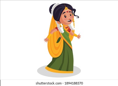 Mother Yashoda is happy and dancing. Vector graphic illustration. Individually on a white background.