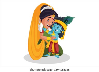 Mother Yashoda and Krishna are hugging. Vector graphic illustration. Individually on a white background.