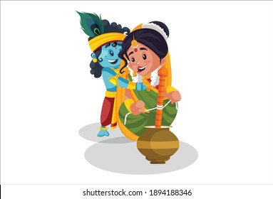 Mother Yashoda is making butter from churning pot and Krishna hugging her. Vector graphic illustration. Individually on a white background.