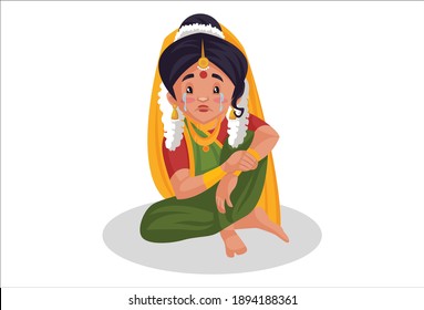 Mother Yashoda is sitting and crying. Vector graphic illustration. Individually on a white background.