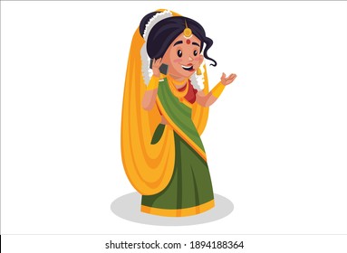 Mother Yashoda is talking on a mobile phone. Vector graphic illustration. Individually on a white background.