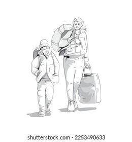 Mother and young boy, with bags, refugees, war refugees, emigrants