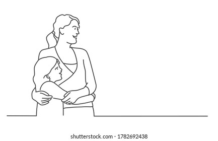 Mother and young daughter looking into distance. Line drawing vector illustration.