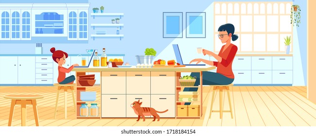 Mother with young daughter using laptop in the kitchen at home. Working mom works from home office. Woman and child using laptop. Freelancer workplace in cozy kitchen. Cartoon vector illustration.